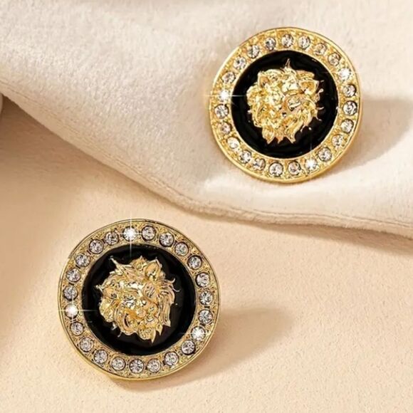 GoldāBlackāLionāHeadāCharmāPendantāStudāEarrings - Picture 2 of 5